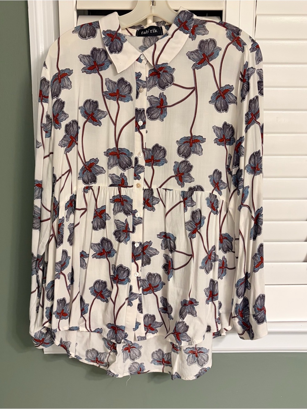 fab'rik White Button-Front Floral Peplum Shirt with Blue and Red Accents